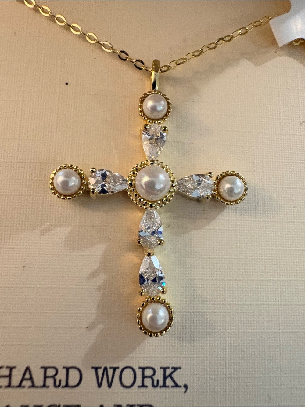 Beautiful Isabella Cross Pendant Necklace in Gold with Pearls and Cubic Zirconia - Picture 2 of 5